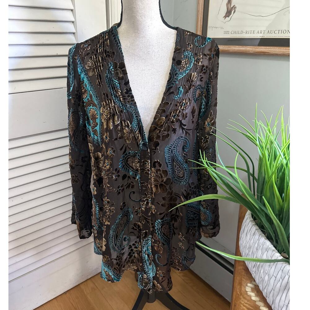 Vintage Chicos Top Womens 1 US Medium Brown Velvet Burnout Cardigan Artsy Boho